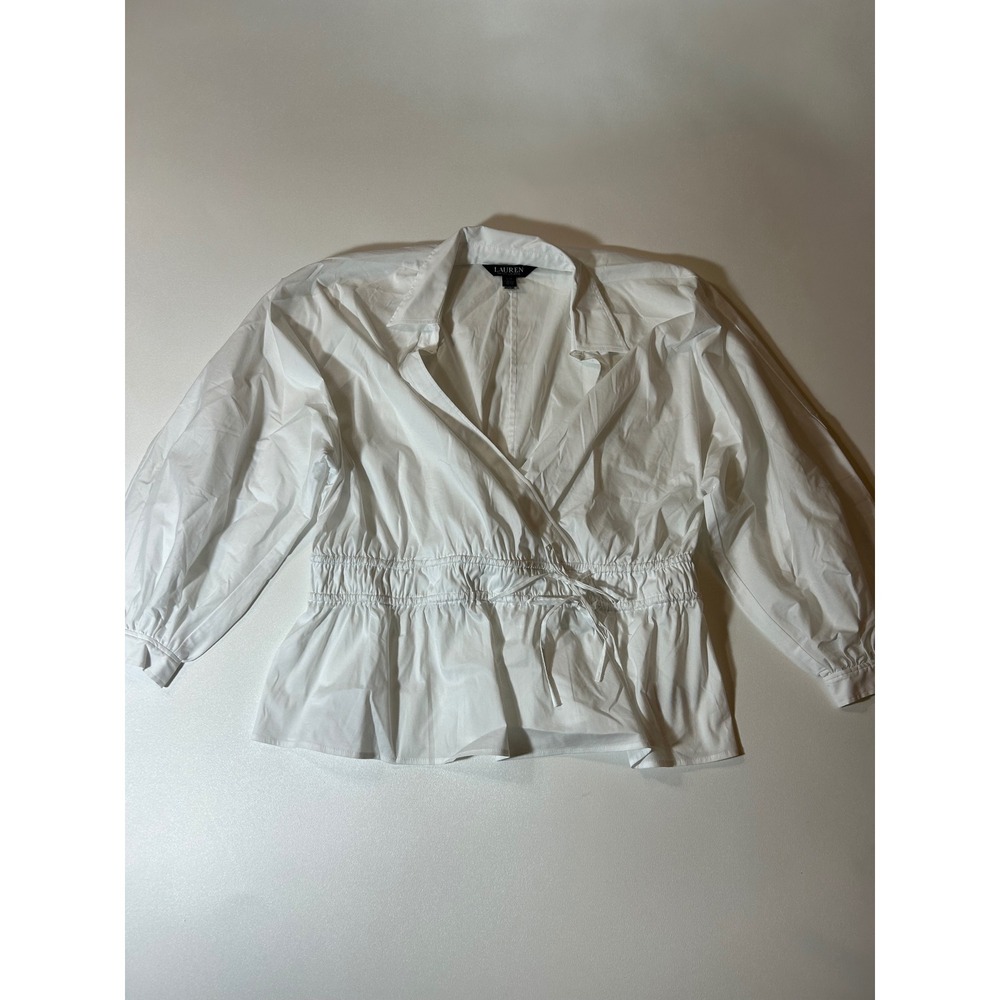 Lauren Ralph Lauren Wrap Blouse Womens L White Excellent Elastic Waist Poplin